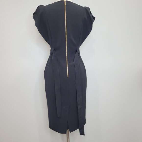 Eliza J Black Sheath Dress Flutter Sleeve Knee Length V-Neck Belted Business 2 - Picture 10 of 14